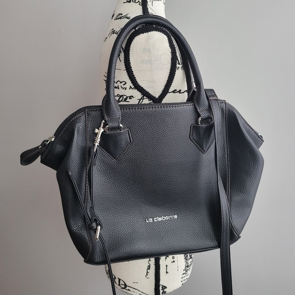 Liz Claiborne black pebbled faux leather satchel bag purse detachable strap goth - Picture 2 of 16